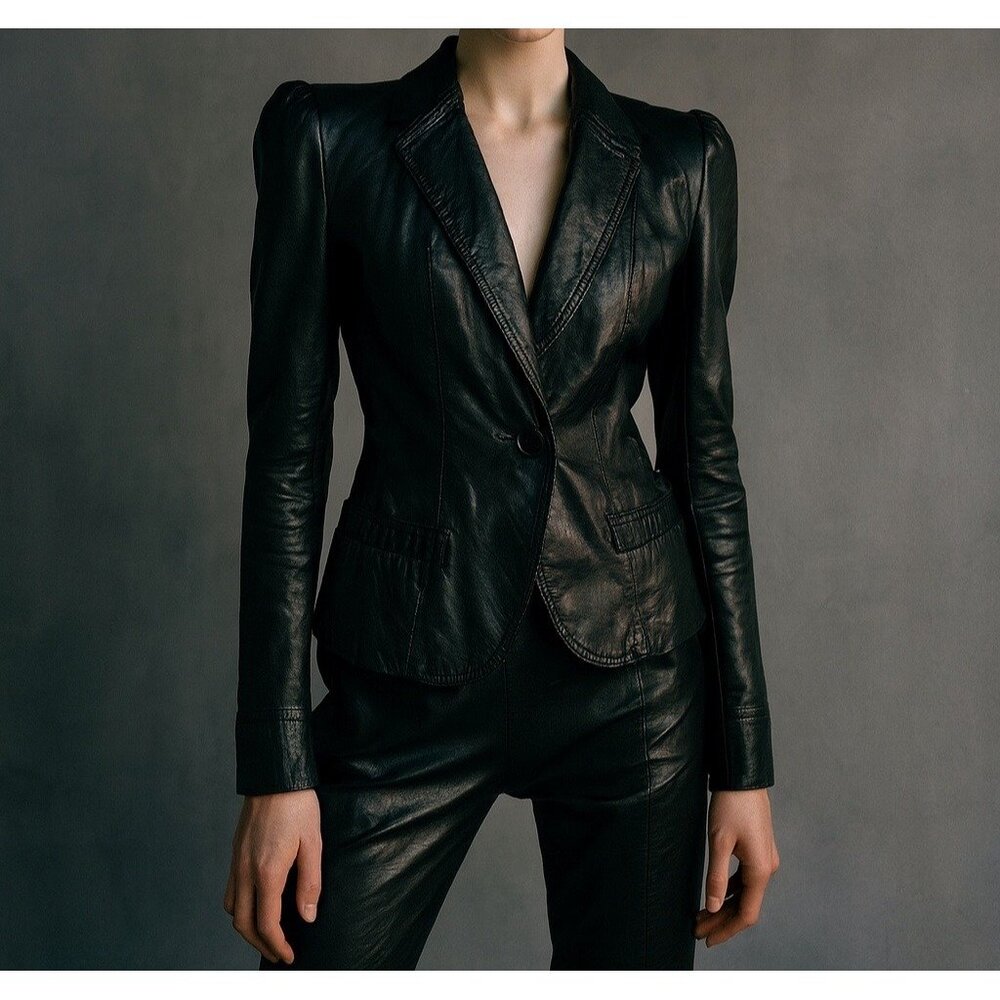AVANT GARDE Vintage Black Leather Blazer Jacket 70s 80s USA‎ Women Small
